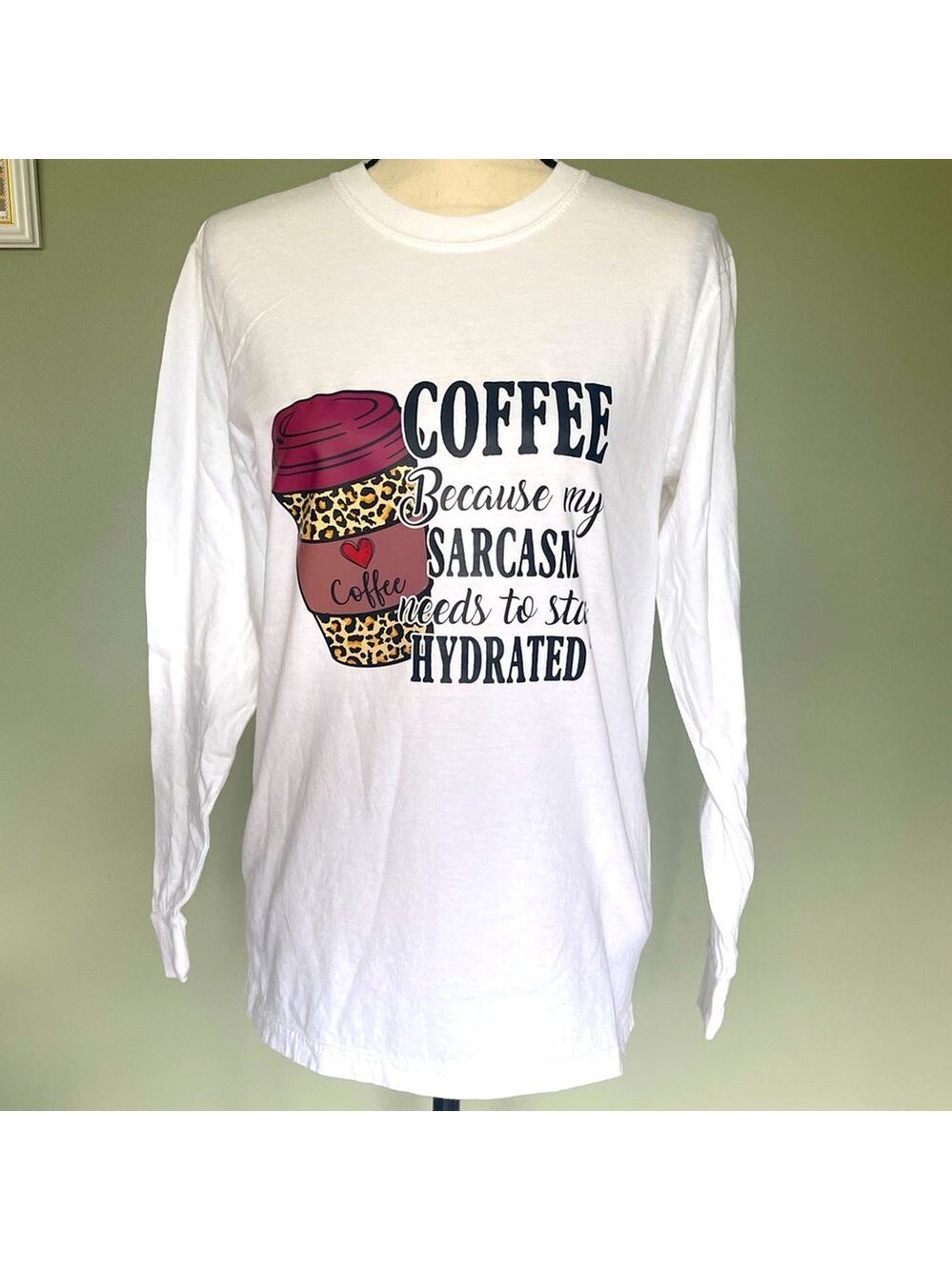 New Coffee & Sarcasm White Leopard Long Sleeve Cotton T-Shirt
